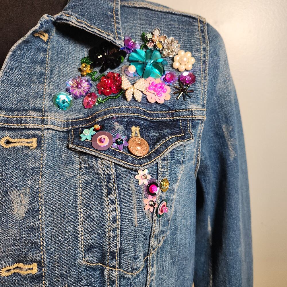 CUSTOM Butterfly in Bloom Sequin Denim Jacket, Size Small - Picture 6 of 13